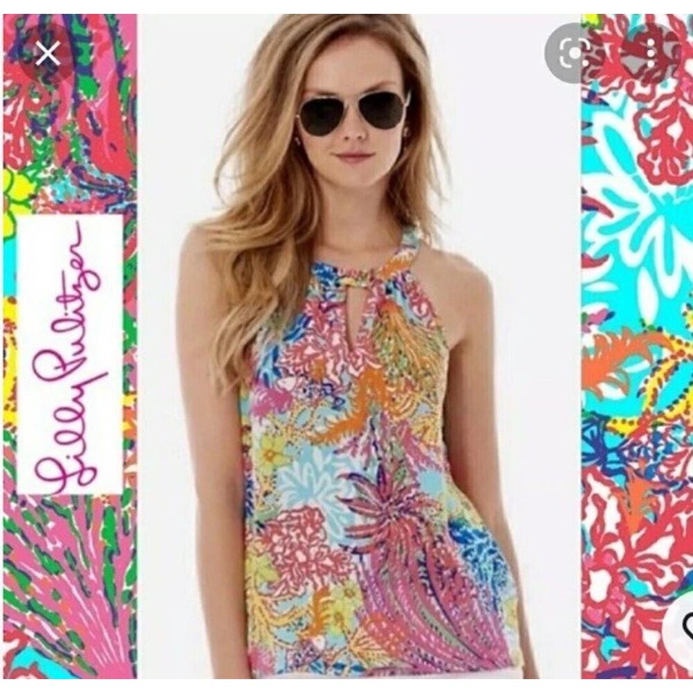 Lilly Pulitzer 100% silk Fishing For Compliments Rogan halter top size M
